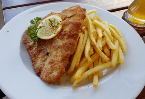 Schnitzel and fries is a typical entree in Germany