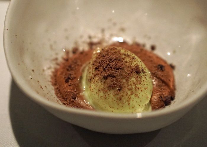 Mexican hot chocolate mousse with guacamole ice cream