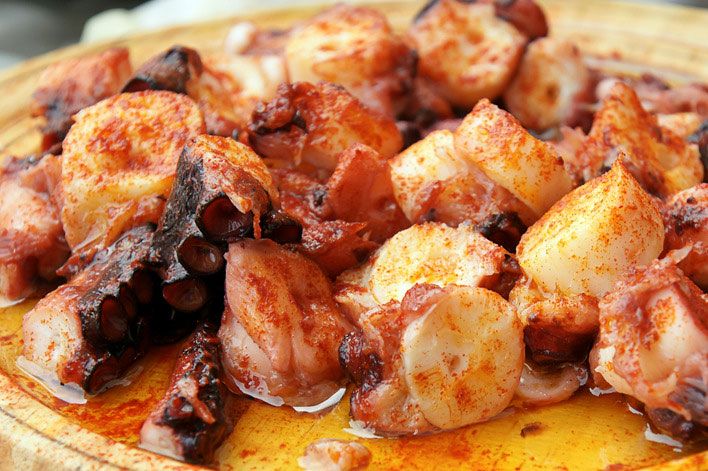 Pulpo a la Gallega is served in olive oil with salt and paprika