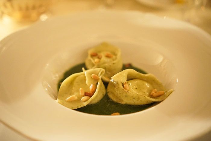 The final product - Ricotta-stuffed tortelli with fresh basil pesto and pine nuts