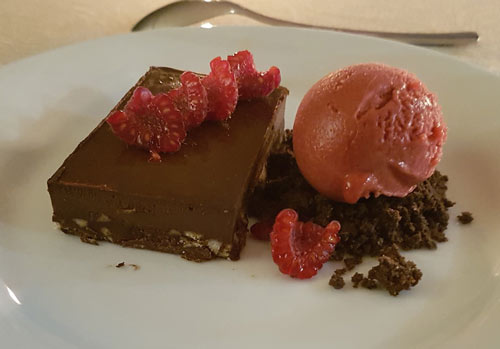 Chocolate tart with raspberry sorbet
