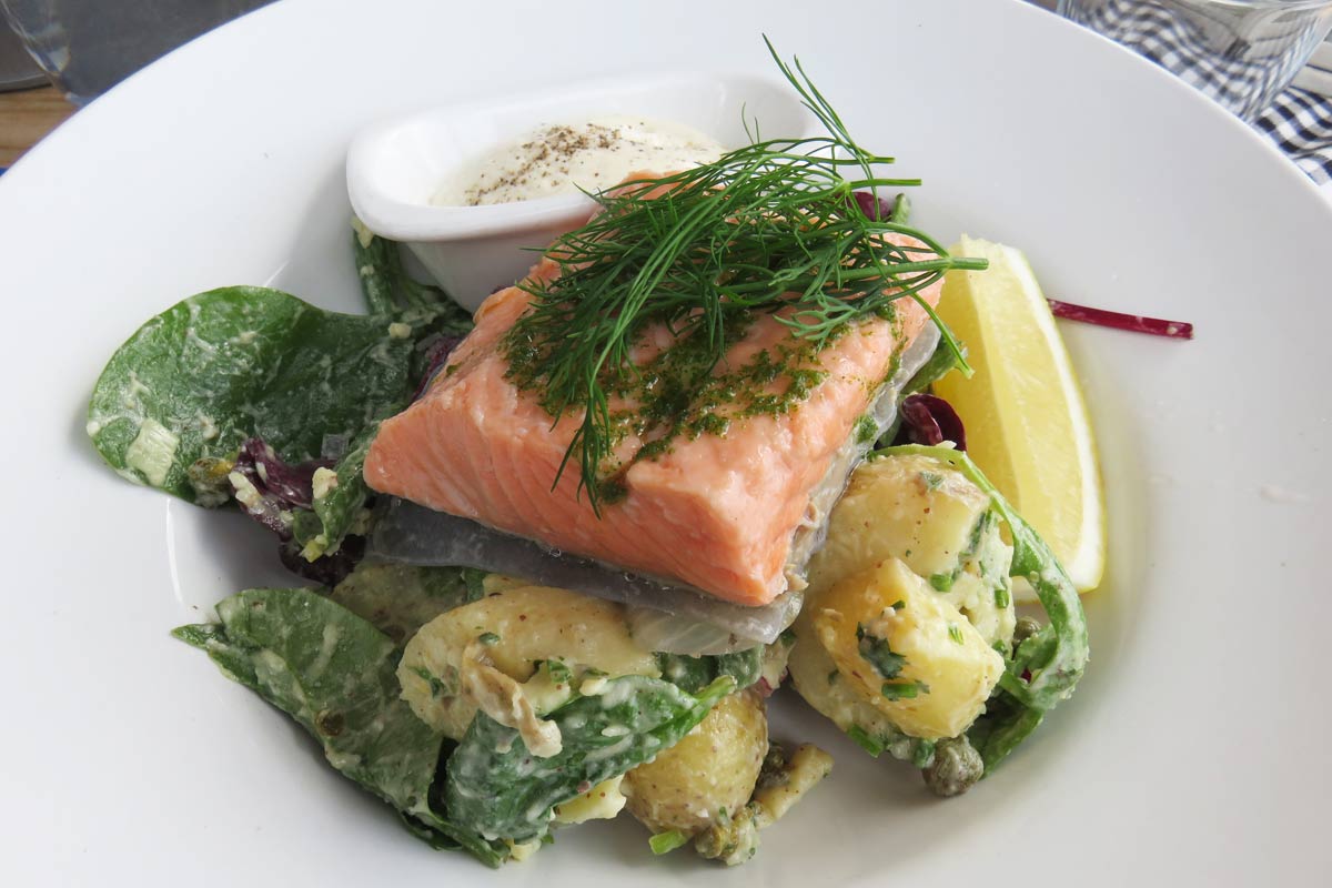 Cold salmon and potato salad - foods to try in Sweden