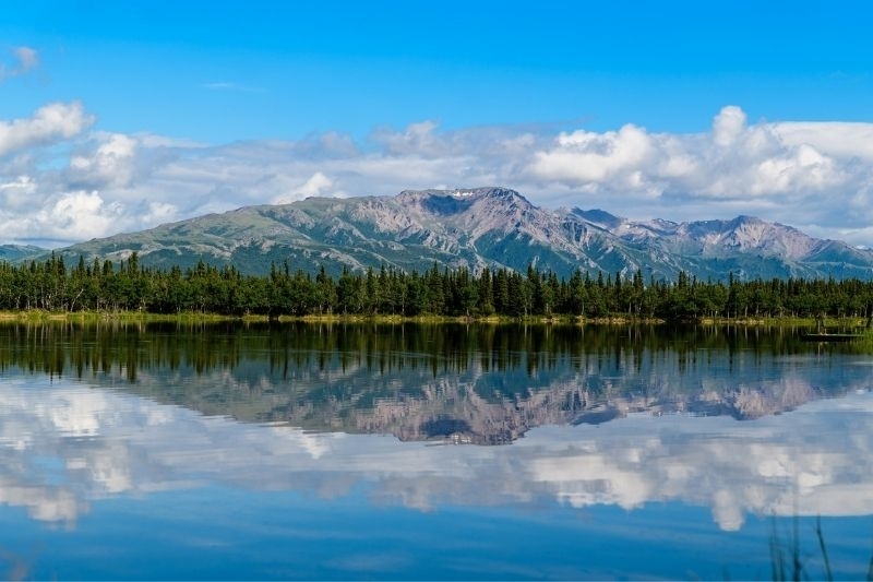 Denali Park mountain range reflecting in the lake
